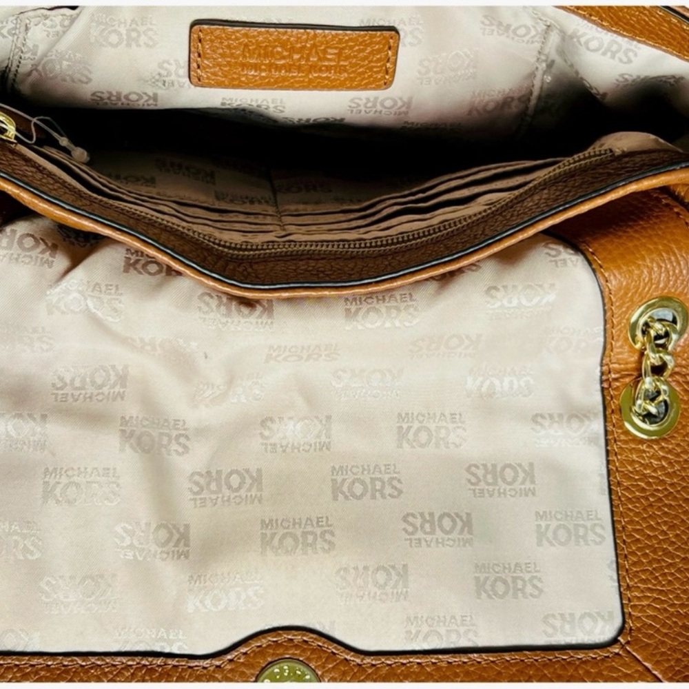 Michael Kors Tan Leather Small Shoulder Crossbody Bag Gold Chain MK Logo - Picture 8 of 10